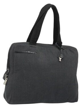 PRADA Hand Bag Canvas Silver Black Auth 174853